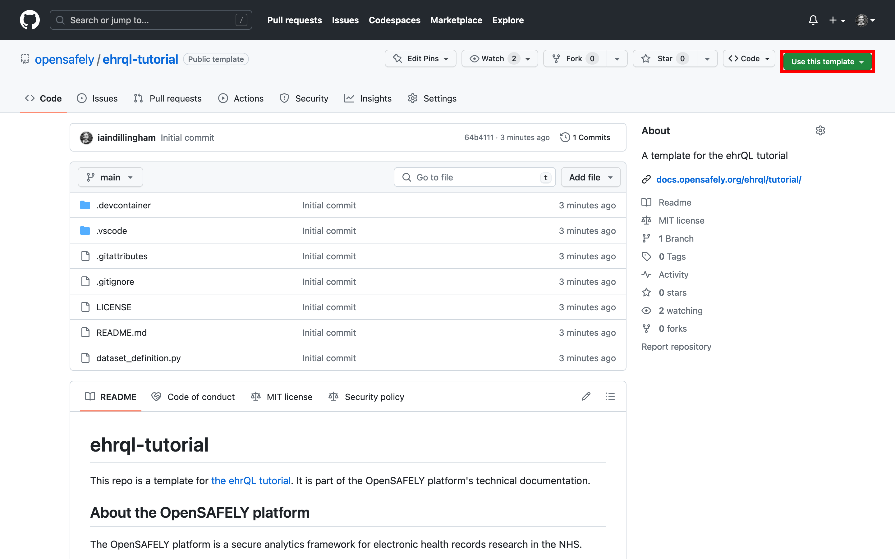 A screenshot of GitHub's user interface, highlighting "Use this template"